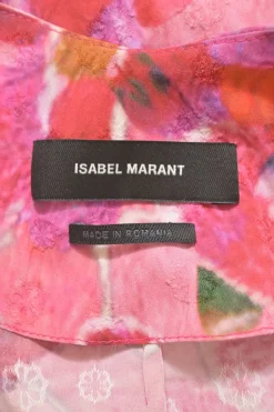 Pink draped viscose-blend Madinea abstract floral print jacquard wrap-effect asymmetric puff sleeve top
