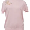 Pink embellished wool-blend short sleeve knit top featuring fixed floral paillette appliqué