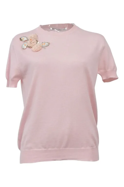 Pink embellished wool-blend short sleeve knit top featuring fixed floral paillette appliqué