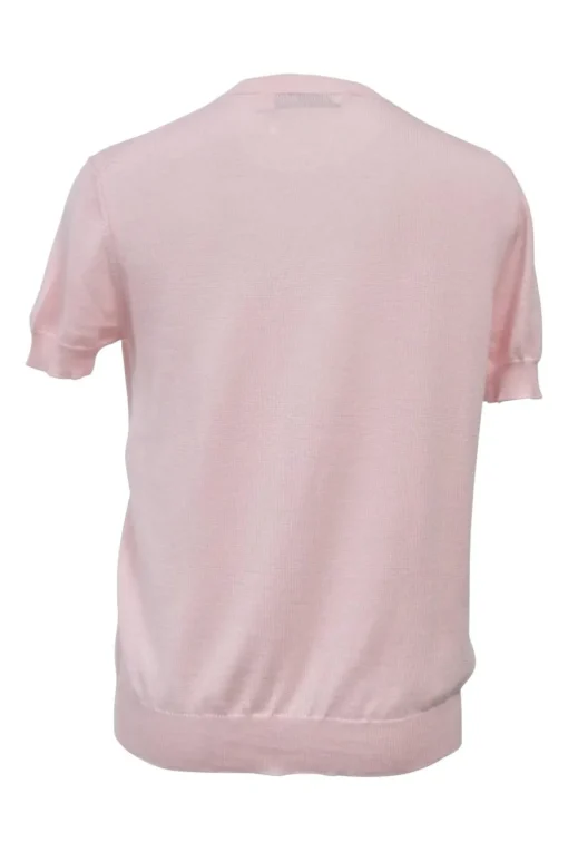 Pink embellished wool-blend short sleeve knit top featuring fixed floral paillette appliqué