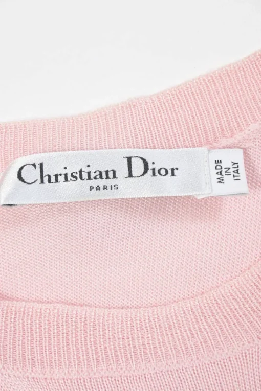 Pink embellished wool-blend short sleeve knit top featuring fixed floral paillette appliqué