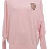 Pink embellished wool-cashmere blend blouson crewneck sweater with beaded patch appliqué