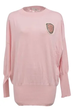 Pink embellished wool-cashmere blend blouson crewneck sweater with beaded patch appliqué