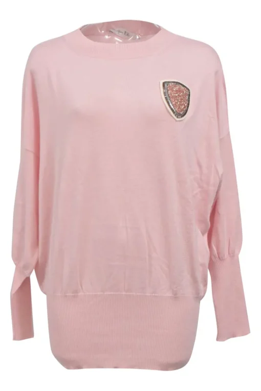Pink embellished wool-cashmere blend blouson crewneck sweater with beaded patch appliqué