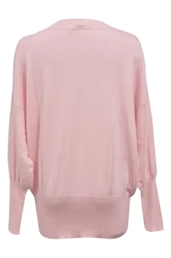 Pink embellished wool-cashmere blend blouson crewneck sweater with beaded patch appliqué