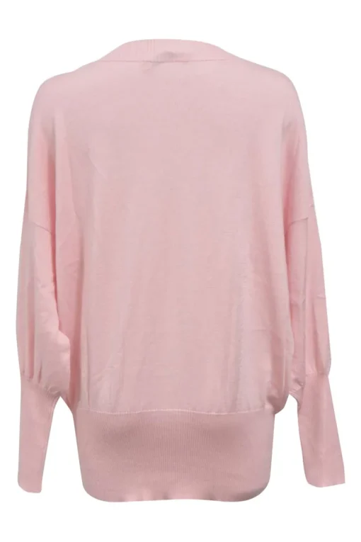 Pink embellished wool-cashmere blend blouson crewneck sweater with beaded patch appliqué