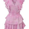 Pink embroidered cotton wrap-effect ruffle-tier mini A-line dress with plunge neck, flutter sleeves, and tonal lace inserts