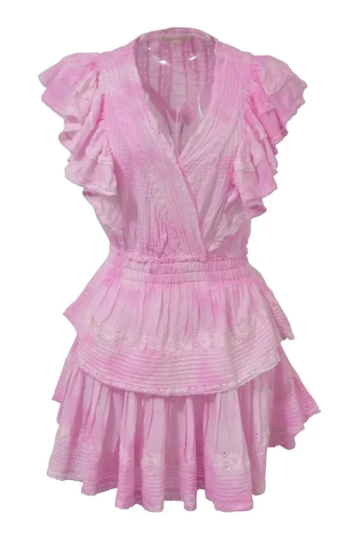 Pink embroidered cotton wrap-effect ruffle-tier mini A-line dress with plunge neck, flutter sleeves, and tonal lace inserts