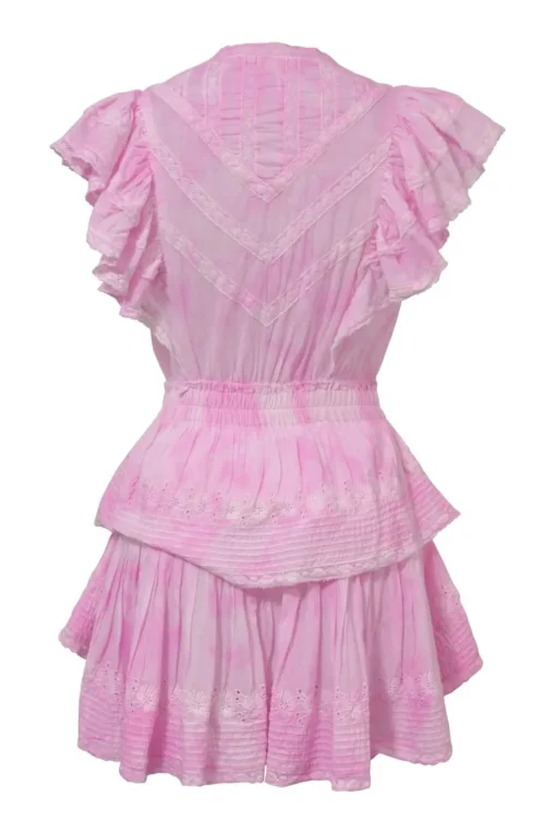 Pink embroidered cotton wrap-effect ruffle-tier mini A-line dress with plunge neck, flutter sleeves, and tonal lace inserts