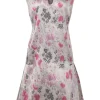 Pink floral damask Y-collar sleeveless swing-style shift dress with vented skirt