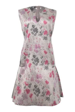 Pink floral damask Y-collar sleeveless swing-style shift dress with vented skirt