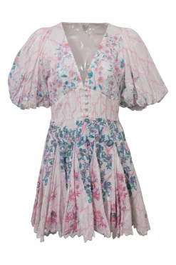 Pink floral print eyelet cotton balloon sleeve plunge neck mini dress with button-loop empire waist and godet skirt inserts