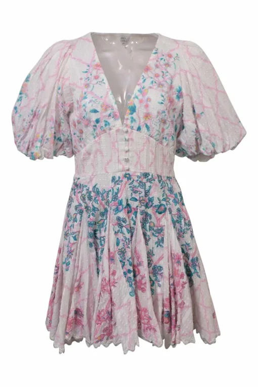 Pink floral print eyelet cotton balloon sleeve plunge neck mini dress with button-loop empire waist and godet skirt inserts