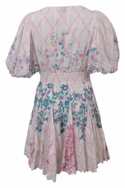 Pink floral print eyelet cotton balloon sleeve plunge neck mini dress with button-loop empire waist and godet skirt inserts