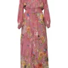 Pink floral print plunge neck long sleeve maxi dress with shirred waistband