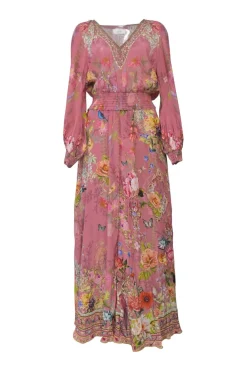 Pink floral print plunge neck long sleeve maxi dress with shirred waistband