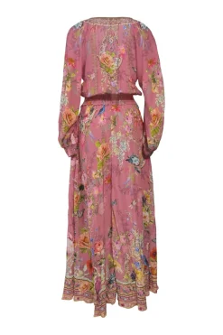Pink floral print plunge neck long sleeve maxi dress with shirred waistband
