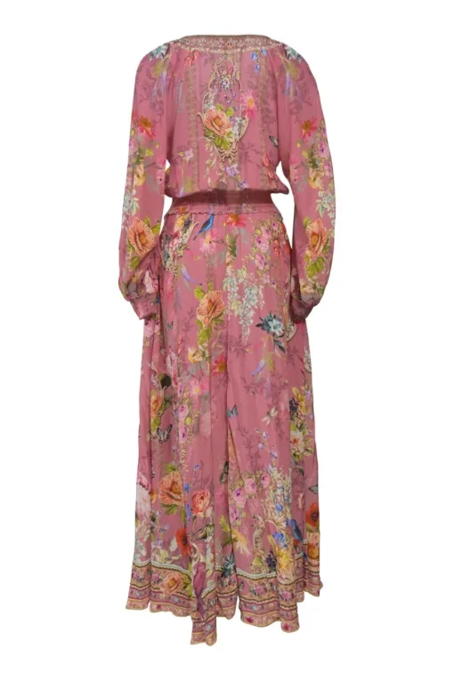 Pink floral print plunge neck long sleeve maxi dress with shirred waistband