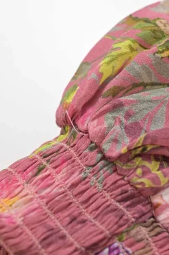 Pink floral print plunge neck long sleeve maxi dress with shirred waistband