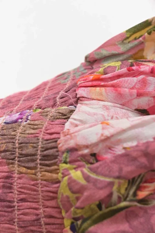 Pink floral print plunge neck long sleeve maxi dress with shirred waistband