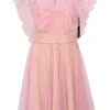 Pink gathered polyamide tulle crewneck flutter sleeve illusion mini dress