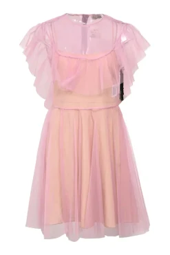 Pink gathered polyamide tulle crewneck flutter sleeve illusion mini dress