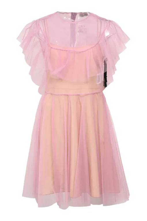 Pink gathered polyamide tulle crewneck flutter sleeve illusion mini dress