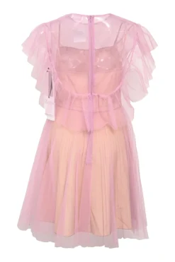 Pink gathered polyamide tulle crewneck flutter sleeve illusion mini dress