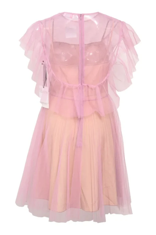 Pink gathered polyamide tulle crewneck flutter sleeve illusion mini dress
