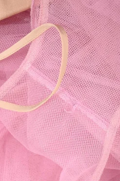 Pink gathered polyamide tulle crewneck flutter sleeve illusion mini dress