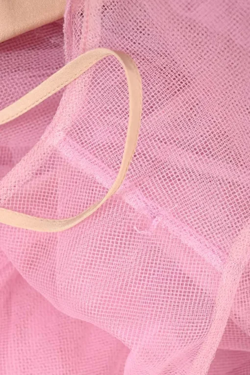 Pink gathered polyamide tulle crewneck flutter sleeve illusion mini dress