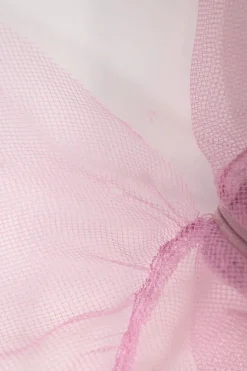Pink gathered polyamide tulle crewneck flutter sleeve illusion mini dress