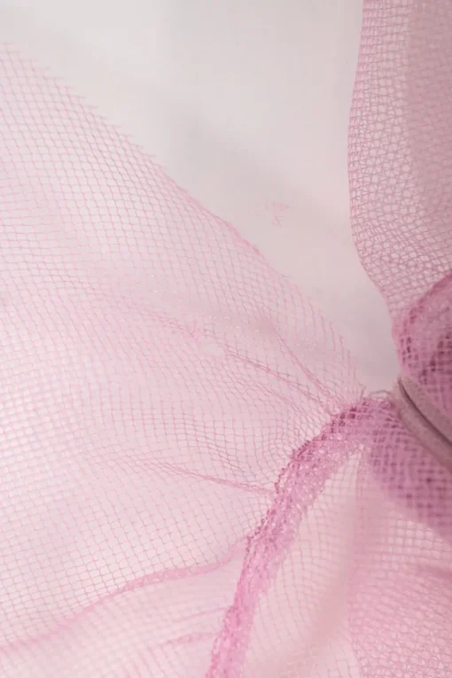 Pink gathered polyamide tulle crewneck flutter sleeve illusion mini dress