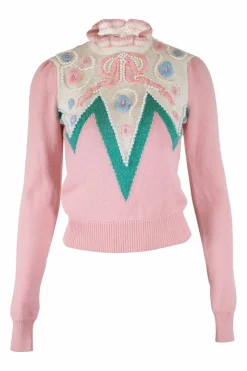 Pink knitted cashmere cardigan with embroidered embellishments