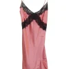 Pink lace-trimmed silk satin pullover slip dress with adjustable spaghetti straps