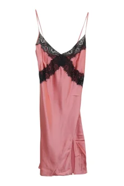 Pink lace-trimmed silk satin pullover slip dress with adjustable spaghetti straps