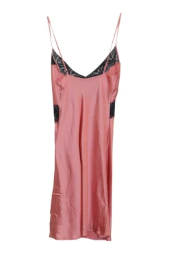 Pink lace-trimmed silk satin pullover slip dress with adjustable spaghetti straps