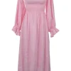 Pink linen smocked flounce sleeve Atlanta midi dress