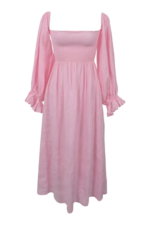 Pink linen smocked flounce sleeve Atlanta midi dress