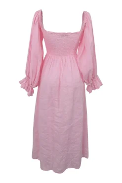 Pink linen smocked flounce sleeve Atlanta midi dress
