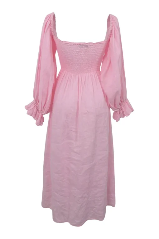 Pink linen smocked flounce sleeve Atlanta midi dress