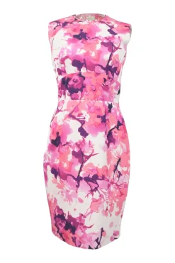 Pink painterly floral print sleeveless sheath dress