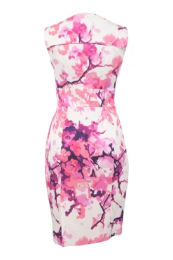 Pink painterly floral print sleeveless sheath dress