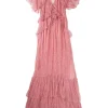 Pink paneled crinkle silk floral print Antoinette flutter sleeve empire waist A-line tiered maxi dress