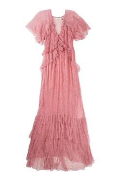 Pink paneled crinkle silk floral print Antoinette flutter sleeve empire waist A-line tiered maxi dress