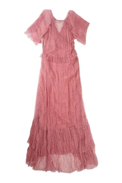Pink paneled crinkle silk floral print Antoinette flutter sleeve empire waist A-line tiered maxi dress