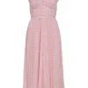 Pink plissé polyester gingham chiffon cold-shoulder midi A-line dress with bustier bodice and bias-cut skirt