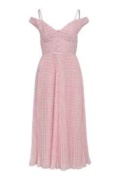 Pink plissé polyester gingham chiffon cold-shoulder midi A-line dress with bustier bodice and bias-cut skirt