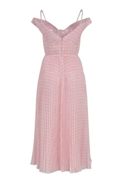 Pink plissé polyester gingham chiffon cold-shoulder midi A-line dress with bustier bodice and bias-cut skirt