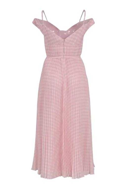 Pink plissé polyester gingham chiffon cold-shoulder midi A-line dress with bustier bodice and bias-cut skirt